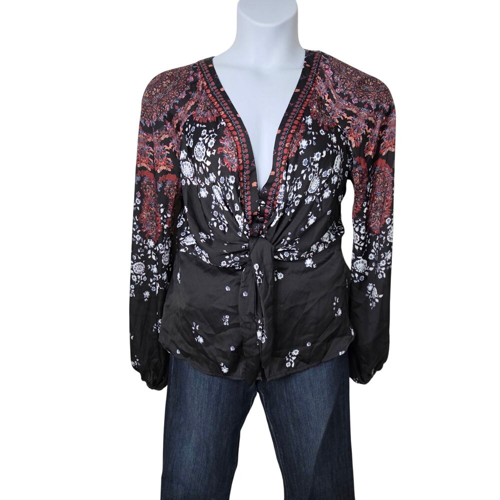 Free People Run Free Satin Blouse L Black Floral Tie Front Boho 0110